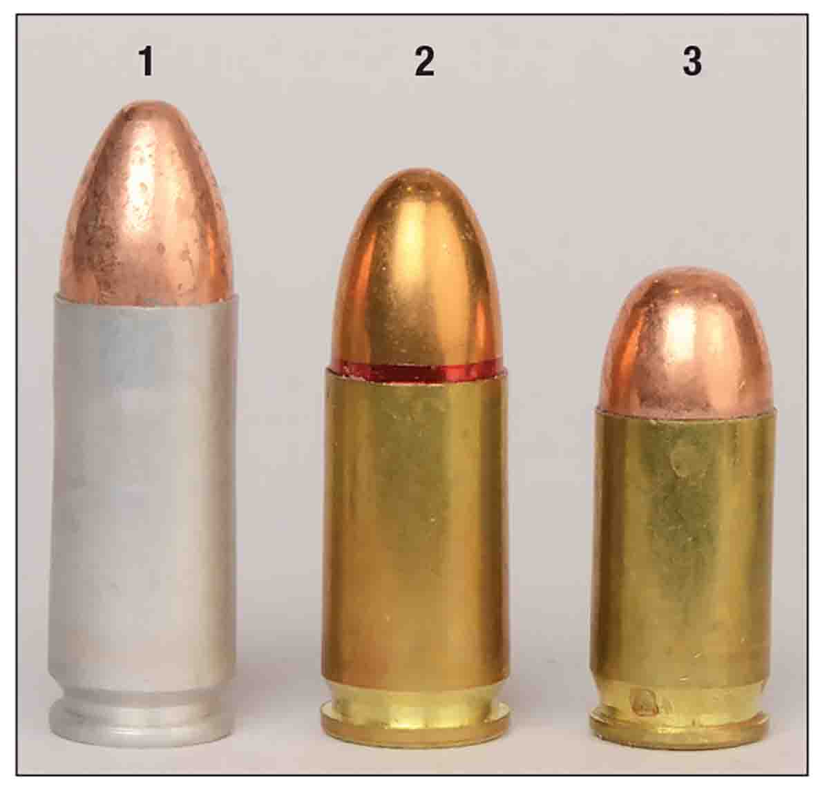 Cartridges: (1) 9mm Largo, (2) 9mm Luger and (3) 380 Auto.